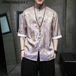 Meno Polos Summer Silk Mens Shirt Shirt à manches en chinois Dynasty Dynasty Dragon Robe Youth Vintage Mens Shirt Large Casual Top L240320