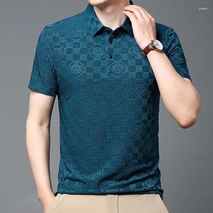 Heren PoloS Zomer Silk Turn Down Collar Short Sleeve T-Shirt Polo Casual Jacquard Ice Plaid Button Fashion Graphic Tops