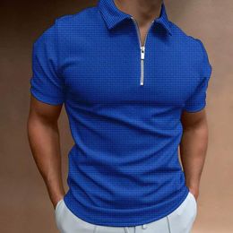 Heren Polo's Zomer Wafle Solid Short Sleeve Men Shirt Fashion Casual Turn Down Collar Zipper Tops Harajuku Street Desmans's Men's mannen's