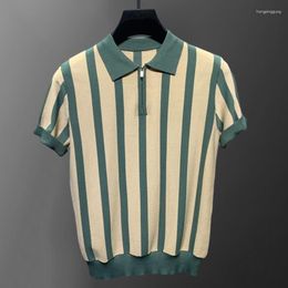 Polos pour hommes été fermeture éclair tricot revers T-shirt Polo 2023 rayures contrastées décontracté chemise mince Mannen Camisa Hombre