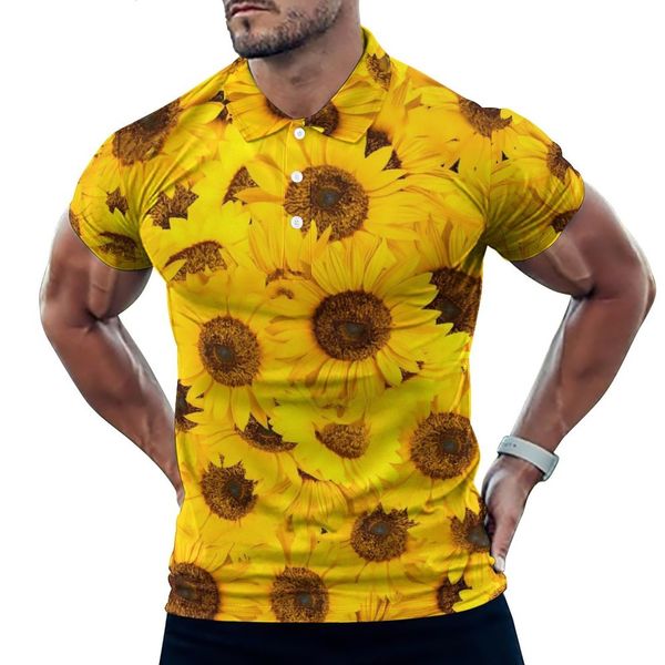 Polos de hombre Camisas de polo de girasol Camisa informal con estampado floral amarillo Camisetas de playa Y2K Camisetas de manga corta con cuello vuelto personalizadas Tops de gran tamaño 230617