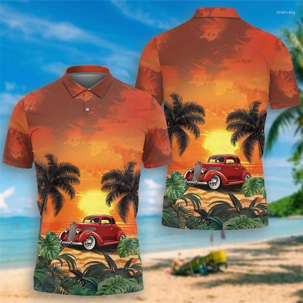 Polos de Sunset Véhicules Polo plage pour hommes Vêtements Hawaiian Tamion à manches courtes Bus tropical HIPPIE TROPICAL