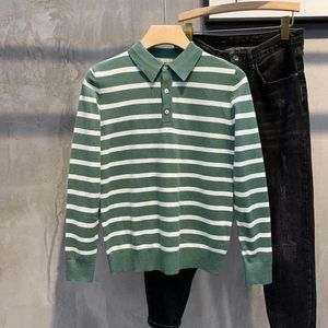 Polos pour hommes T Polo pour homme Slim Fit Top Tight Knit Green Vêtements Stripe Full Sleeve F Coton régulier Long A avec
