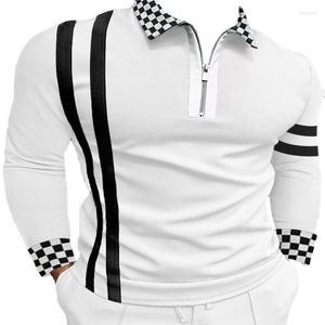 Polos para hombres La camiseta a cuadros a rayas de solapa de manga larga de otoño 2022 POLO delgado al lado de