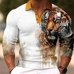 Polos Tiger Eagle 3D T-shirt Polo à manches longues imprimées adaptées aux vêtements pour hommes Vêtements de rue Borde