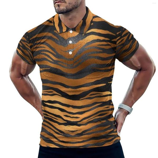 Polos para hombre Polo con estampado de rayas de tigre para hombre Negro Marrón Piel de animal Camisetas de moda de día casual Camisetas de manga corta con gráficos de gran tamaño