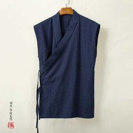 Polos pour hommes Vêtements chinois traditionnels Hanfu Vest Mens Linen Cotton Sans manches manches Tang Suit Kimono Cardigan Mens Cardigan TOPL2405