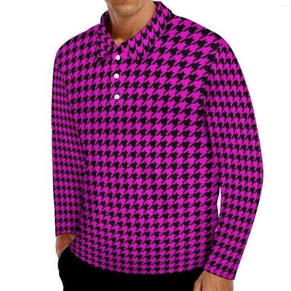 Polos para hombres Camisetas casuales de pata de gallo de moda Camisas polo negras y rosas Camisa Y2K para hombres Ropa estampada de manga larga de otoño Tamaño grande 4XL 5XL