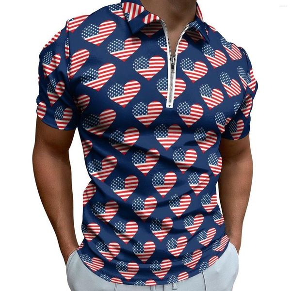 Polos pour hommes USA Drapeau Coeurs Casual T-Shirts Patriotique Rouge Blanc Bleu Polos Zipper À La Mode Chemise Homme Vêtements Personnalisés Plus La Taille