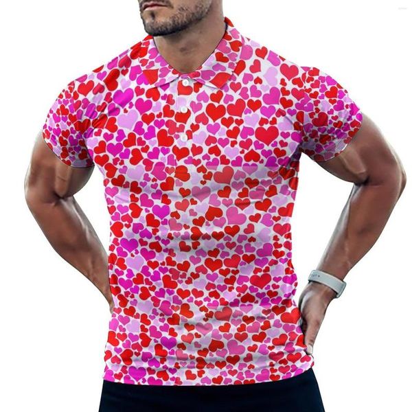 Polos para hombre, polo de corazones de San Valentín, camisetas de moda de playa informales rojas y fucsias, ropa de gran tamaño personalizada de manga corta para hombre