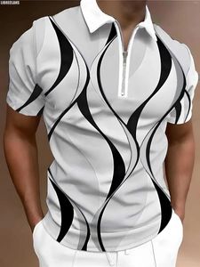 Mannen Polo Vintage Zwart En Wit Gestreepte 3D Gedrukt Rits Poloshirt 2024 Zomer Slanke Sweatshirt Revers Tops streetwear