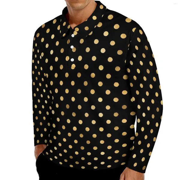 Polos pour hommes Vintage Gold Dot Polos Automne Polka Dots Chemise décontractée à manches longues Col rabattu Modèle tendance T-shirts surdimensionnés