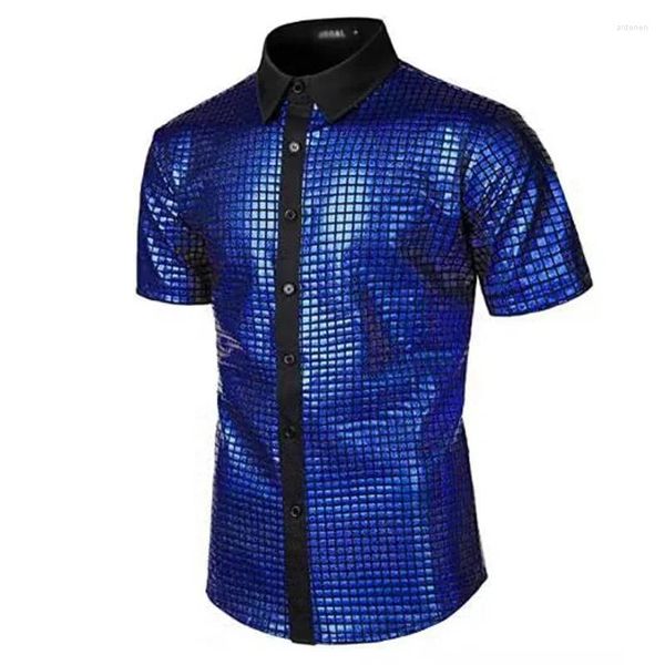 Polos para hombres Camisas de manga corta con lentejuelas doradas vintage Ropa para hombre Moda de verano Cuello vuelto suelto Tops abotonados Hombres Ocio Streetwear