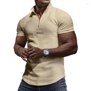 Polos para hombre Vintage Slim Fit Polo Shirt para hombre Casual Waffle Plaid Stand Collar Zip-up T Shirts Primavera Verano Moda Hombres Ropa Jersey