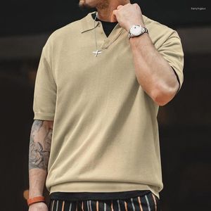 Hommes Polos Vintage couleur unie mince tricoté Polo mode 2023 à manches courtes pour hommes pull décontracté haut T Harajuku