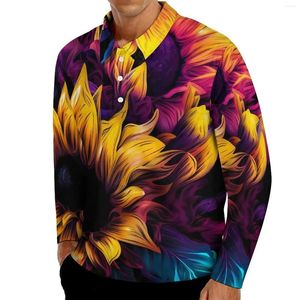 Polos pour hommes Aquarelle Tournesol T-shirts décontractés Hommes Fleurs colorées Polo à manches longues Col Tendance Automne Graphique Grande Taille