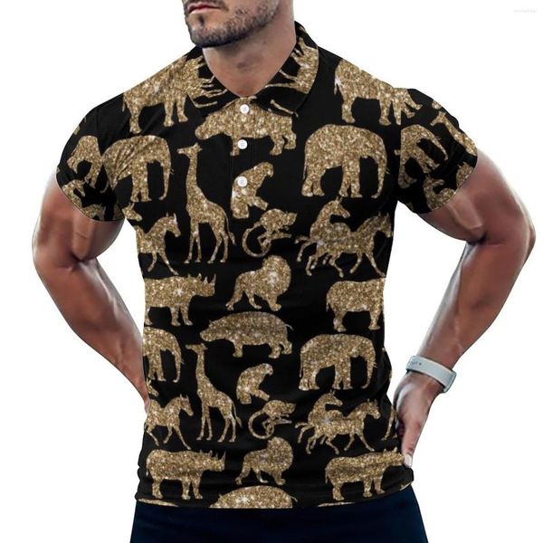 Polos pour hommes T-shirts décontractés avec animaux sauvages T-shirts imprimés à paillettes dorées Polo pour hommes Cool été à manches courtes vêtements personnalisés grande taille
