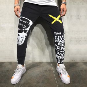 Imprimé pour hommes ennail étiré denim noir skinny jean mode y2k streetwear fraîchement des lettres de couleur peinte pantalon crayon effilé 231227