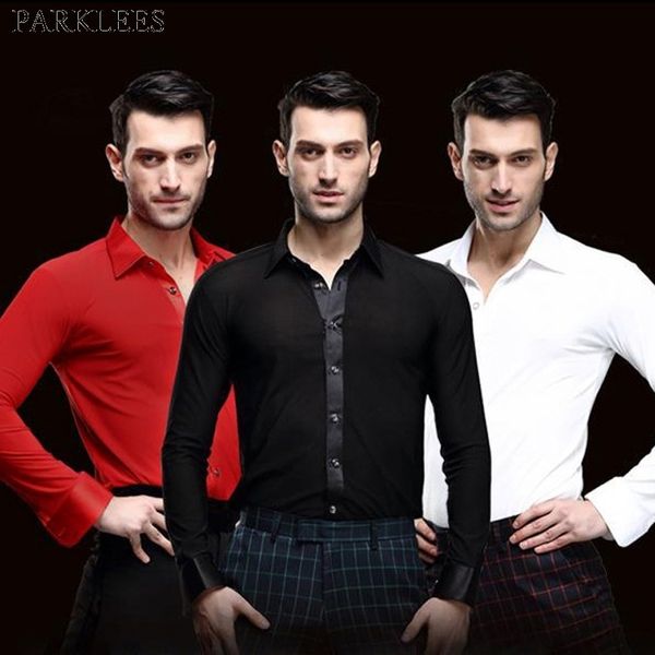 Chemise de danse noire professionnelle masculine élastique slim smoking tuxedo shirt masculin waltz tango salon de bal de bal de flamenco rumba samba latin dancewear 210522