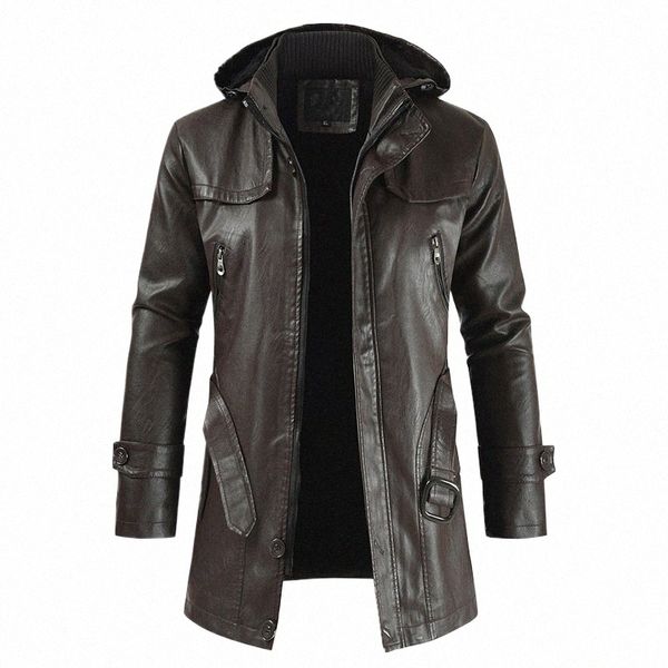 Veste en cuir PU à capuche pour hommes Coupe-vent en cuir moyen Coupe-vent imperméable Moto Automne Hiver Veste en cuir Fiable pour hommes w4lQ #