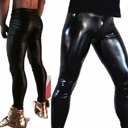 Pantalon en cuir PU pour hommes Legging Look mouillé Pantalon de poche maigre Clubwear Costume de spectacle de scène Extensible Latex Brillant Pantalon Lg serré X2bG #