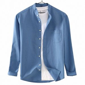 Chemise à manches longues en coton pur pour hommes printemps nouveau col montant jaune haut décontracté couleur unie chemise formelle à bout vers le bas pour hommes o7gp #