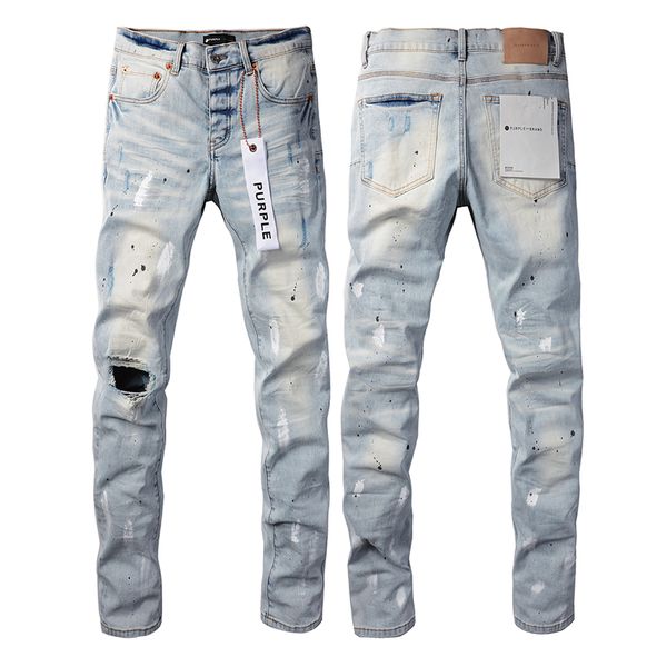 Jeans de marca púrpura para hombres Diseñador de moda para hombres y mujeres y tendencia de ocio High Street Retro Marca desgastada Agujero de verano Nuevos jeans lavados con molino de piedra bordado NO19