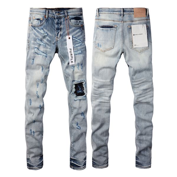 Jeans de marca púrpura para hombres Diseñador de moda para hombres y mujeres y tendencia de ocio High Street Retro Marca desgastada Agujero de verano Nuevos jeans lavados con molino de piedra bordado NO8