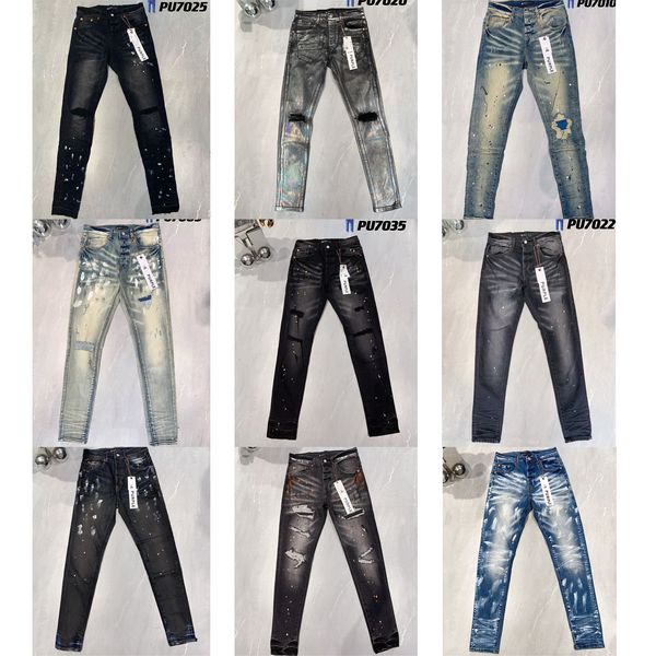 Diseñador de jeans morados para hombres PL8827 Biker rasgado Pantalones pitillo rectos delgados Diseñador True Stack Jeans de moda Marca de tendencia Pantalón vintage jeans de marca púrpura