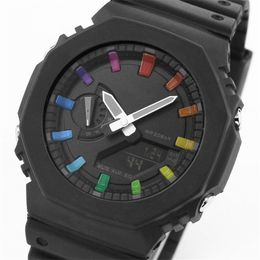 Reloj digital de cuarzo 2100 con esfera negra arcoíris para hombre, LED con todas las funciones, luz de elevación automática, resistente al agua, serie GA Oak