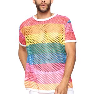 Hommes arc-en-ciel maille voir à travers résille t-shirt nouveau à manches courtes Transparent t-shirt Homme Hip Hop Streetwear Camisetas 5XL