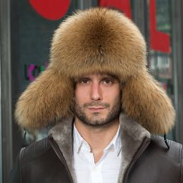 Mannen Echt Vossenbont Hoed Echt leer Hoed Russische Ushanka Winter Warm Aviator Trapper Hoed Bomber Ski Oorbeschermers Cap