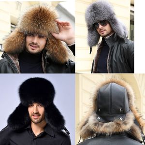 Heren Echte vossenbont Trapper Hat Sheepskin Earmuffs Caps Winter Headwar Hunting