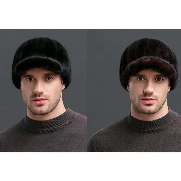 Gorro de piel de visón auténtica para hombre, gorro cálido con visera para invierno, gorro para caza al aire libre