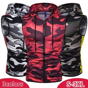 Rood camouflage-sportvest met capuchon, mouwloos en camouflageprint voor heren 220530