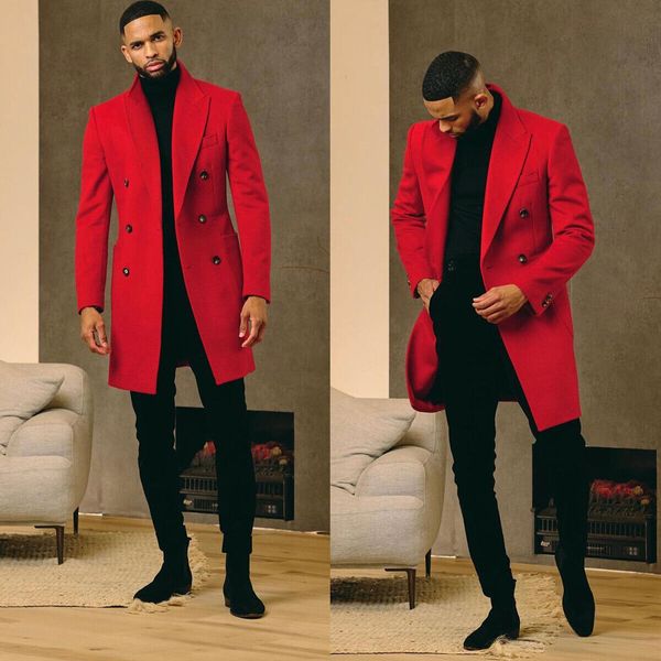 Manteau d'automne classique rouge pour hommes, veste longue, pardessus croisé, smoking de mariage