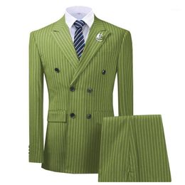 Costume de smoking 2 pièces pour hommes, coupe régulière, Double boutonnage, rayures fines, vert Olive, costume d'affaires pour mariage, marié, 1213V