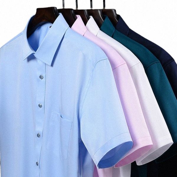 Chemises à coupe régulière pour hommes, manches courtes, extensibles, faciles d'entretien, formels, bleus, vêtements de travail, de bureau, sans Ir, solides, sociaux, Dr Tops K3e2 #