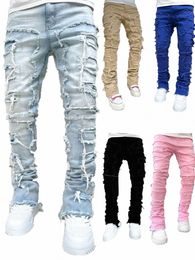 Jeans apilados de ajuste regular para hombres Ripped Slim Fit Patch Distred Destruido Pantalones de mezclilla rectos Hip Hop Streetwear Pantalón de tela L0rY #