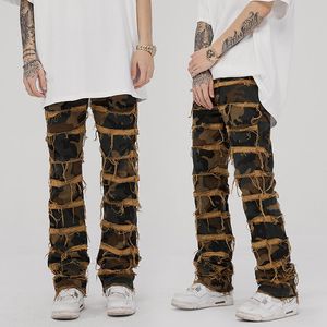 Pantalon en jean droit pour hommes, coupe régulière, patch empilé, détruit, style Hip Hop, Streetwear Y2K Grunge