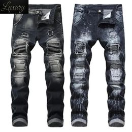 Retro Retro Torn plissé de vélo droit jeans Vêtements de rue trous de genou détrempé