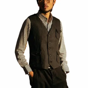 Chaleco de tweed retro para hombre Chaqueta de lana vintage de mezclilla Chaleco Steampunk para hombre Chaleco de traje de alta calidad q1Gv #