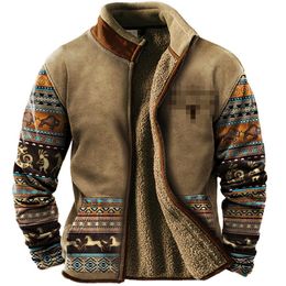 Herenjasje in retro-westerse etnische stijl met print en Altay fleece opstaande kraag met rits