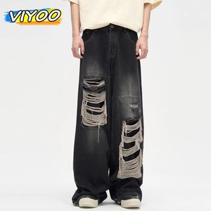 Pantalones vaqueros negros rasgados para hombre, pantalones de pierna ancha Harajuku, pantalones de mezclilla holgados Y2K, ropa de calle estilo Koean gótico 231229