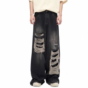 Jeans noirs déchirés pour hommes Harajuku Pantalon à jambes larges Denim Baggy Y2K Pantalon cargo Streetwear Style Koean Vêtements gothiques m1UM #