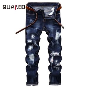 Heren gescheurde noodlijdende vernietigde rechte pasvorm gewassen denim jeans plus size 40 42 mannen blauw casual 210716