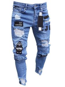 Heren gescheurde geborduurde potlood jeans slanke broek casual dunne denim broek skinny hiphop cowboys jonge man jogging2021 x0621