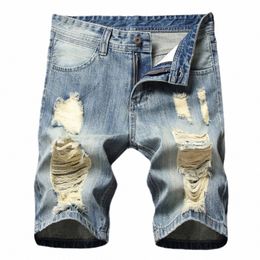 Heren Shorts met gescheurde patch Jeans Fi Trend Denim shorts met omslag en patch Klassieke retro all-match rechte shorts met zakken k1m0#