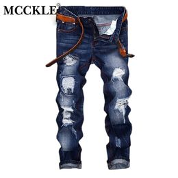 Heren gescheurde slim fit jeans gewassen denim jeans High Street Hip Hop Blue Distressed Broek Broek 2019 Herfst Man Streetwear