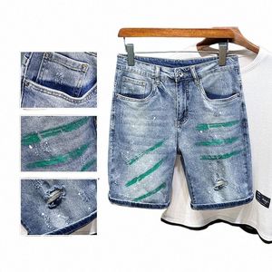 Heren Gescheurde Rechte Denim Shorts Graffiti Jeans Fi Spray Gaten Persalized Korte Jeans Hiphop Streetwear K6nP #